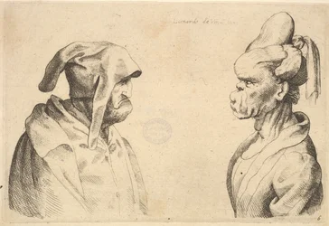 Twee misvormde hoofden die elkaar aankijken, 1625-77