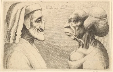 Twee misvormde hoofden, de figuur links is mogelijk een karikatuur van Dante