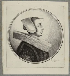 Vrouw met molensteenkraag en voorhoofdspeld
