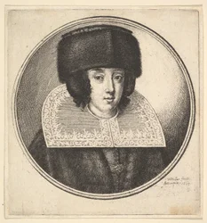 Vrouw met stijve kanten kraag en platgekroonde bonten hoed, 1645