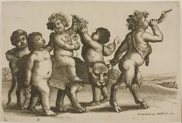 Jonge Bacchus rijdend op een luipaard geleid door een sater die op een hoorn blaast