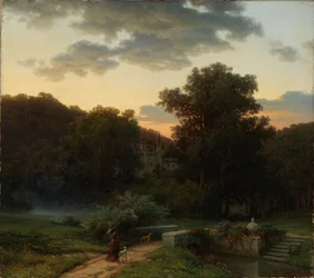Duits kasteelpark bij zonsondergang