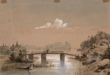Meerlandschap, man vist op een brug