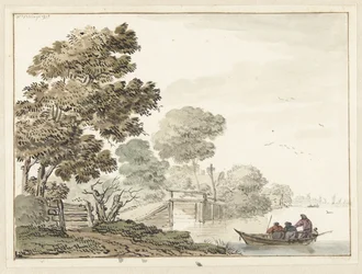 Landschap met een houten brug en bomen langs een vaart
