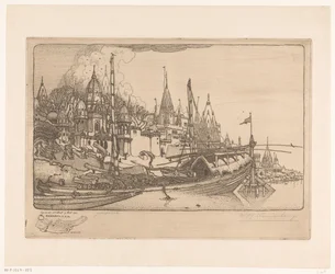 Schip met brandhout aan de oever van de Ganges in Benares