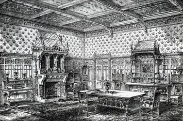 Ontwerp voor een Gotische Eetkamer, gepubliceerd in The House-Furnisher & Decorator, 1 september 1872