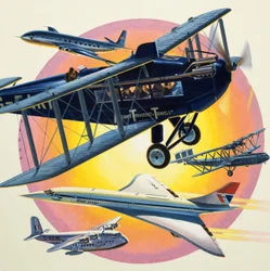 Montage van passagiersvliegtuigen waaronder de Concorde (gouache op papier)