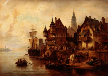 Dorpsgezicht aan het water door William Alexander Meyerheim