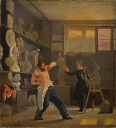 Een Beeldhouwer in zijn Atelier Werkend naar het Leven. De Medailleur Christen Christensen.