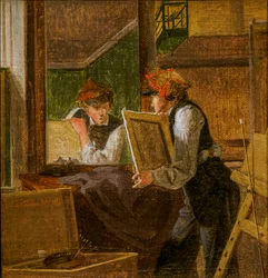 Concept voor Een jonge kunstenaar [Ditlev Blunck] onderzoekt een schets in een spiegel