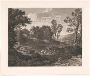 Arcadisch landschap met grafmonumenten