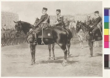 Keizer Franz Joseph I en tsaar Nikolaus II bij de parade op het Champ-de-Mars in St. Petersburg