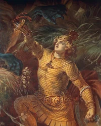 Sigurd doodt de draak Fafnir met het zwaard Gram, detail, uit de Sigurdsage, benedenzaal, ca. 1882-83 (muurschildering)