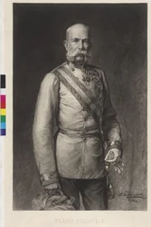Franz Joseph I in gala-uniform van een veldmaarschalk, de gala-hoed in de hand
