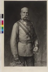 Franz Joseph I in gala-uniform van een veldmaarschalk, de gala-hoed in de hand