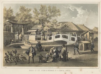 Brug van gehouwen steen en ingang naar een tempel, Simoda, 1855