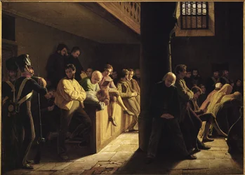 Zondagsdienst in de gevangeniskerk (olieverf op doek)