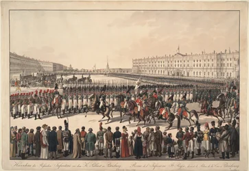 Een review van de Russische infanterie op het Paleisplein in Sint-Petersburg, 1809-1813