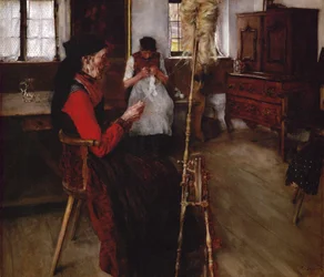 Spinnende vrouwen (olieverf op doek)