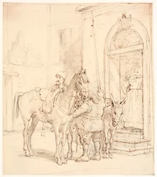 Don Quichot en Sancho Panza buiten de herberg