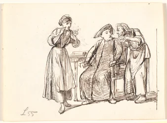 Een oude vrouw spreekt met een pater, links een jonge vrouw