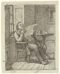 Een dikke krantlezende heer met zijn koffie