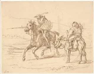 Terwijl Sancho toekijkt, gaat Don Quichot in de aanval