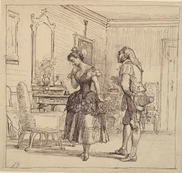 Rosina geeft Figaro de brief aan graaf Almaviva (De barbier van Sevilla)