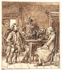 Scène uit de kraamkamer. Corfitz drinkt Rijnwijn met de officier en Jens Olsen