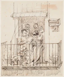 Naaiende dames op een balkon