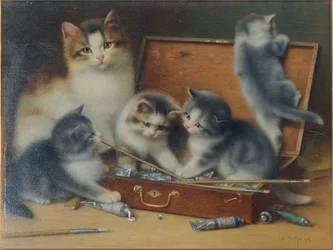 Moederkat en haar kittens spelen in een verfdoos