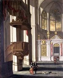 Kerkinterieur met elegante figuren