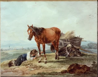 Slapende boerenjongen met paard