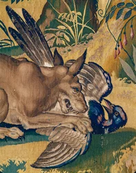 Hond die een vogel doodt (wandtapijt)
