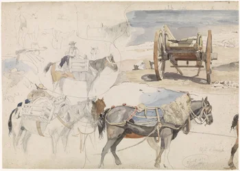 Studieblad met schelpenkar op het strand en diverse studies van paarden