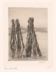 Drie meerpalen in laag water