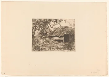 Met riet bedekte schuren, daarvoor een zwijn in het hooi