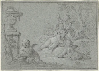 Putti in een landschap met een vaas