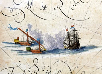 Slag tussen twee galeien en een kraak. Atlas door Willem Janszoon Blaeu (1571 - 1638)