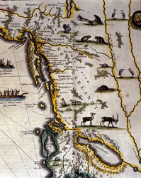 Geografische kaart van de 17e-eeuwse Nederlandse Atlas door Wilhelm Blaeu (1571-1638) met Amerikaanse en Canadese gebieden. Het noorden is onder volgens middeleeuwse gewoonte.