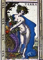 De Aarde, een van de vier elementen vertegenwoordigd in de Atlas van W. Blaeu gedrukt in Amsterdam in 1655.
