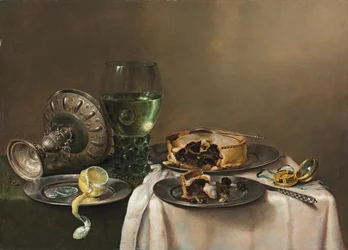 Pronkstilleven met een roemer, een omgekeerde zilveren tazza, een halfgeschilde citroen op een tinnen bord, met een taart, een tijdmeter en een mes