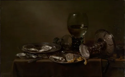 Stilleven met oesters, een zilveren Tazza en glaswerk