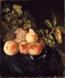Stilleven van perziken en druiven, 1705
