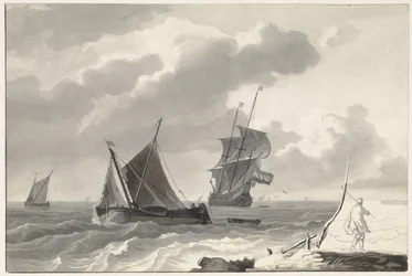 Zeilschepen op woelig water voor de kust