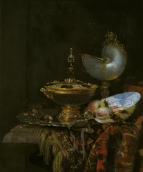 Pronkstilleven met Holbein-kom, Nautilusbeker, Glazen Beker en Fruitschaal