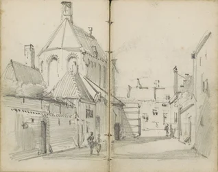 Dorpsstraat met een kerk en figuren