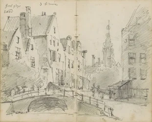 Stadsgezicht met een brug over een gracht en een kerktoren