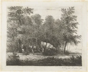 Landschap met man bij volgeladen kar en ingespannen paard