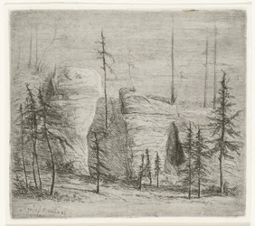 Rotslandschap met naaldbomen, de zogenaamde Teufelkanzel Teufelkantzel Baxen (title on object)